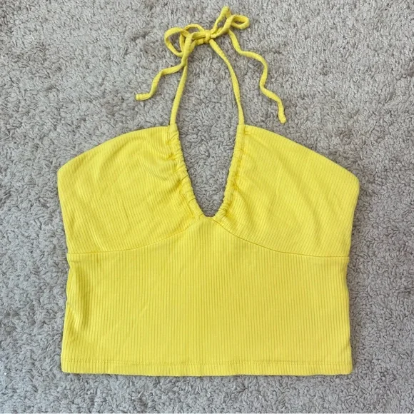 Aritzia Wilfred Yellow Merci Ribbed Halter Crop Top Size Medium - Picture 2 of 13